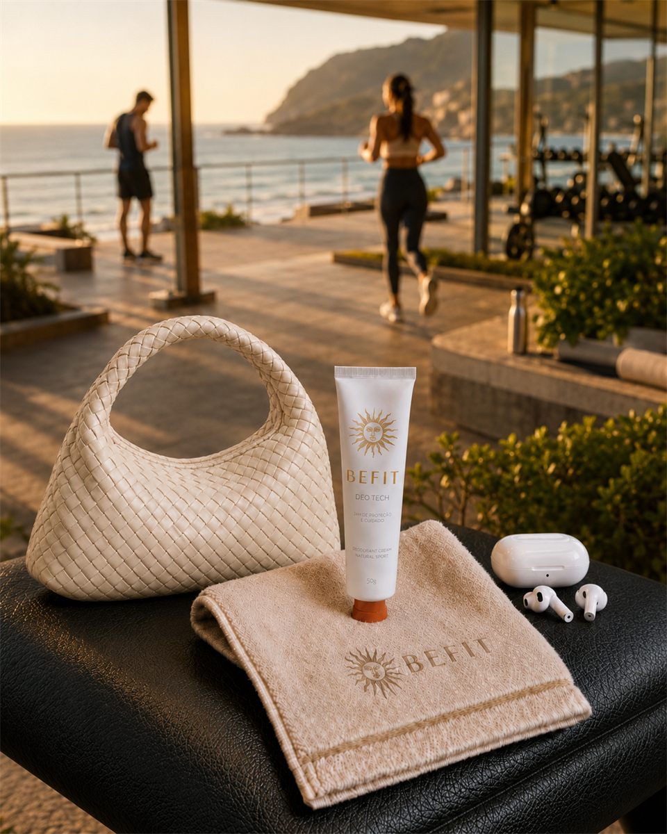 BEFIT em beach club com bolsa premium e toalha da marca