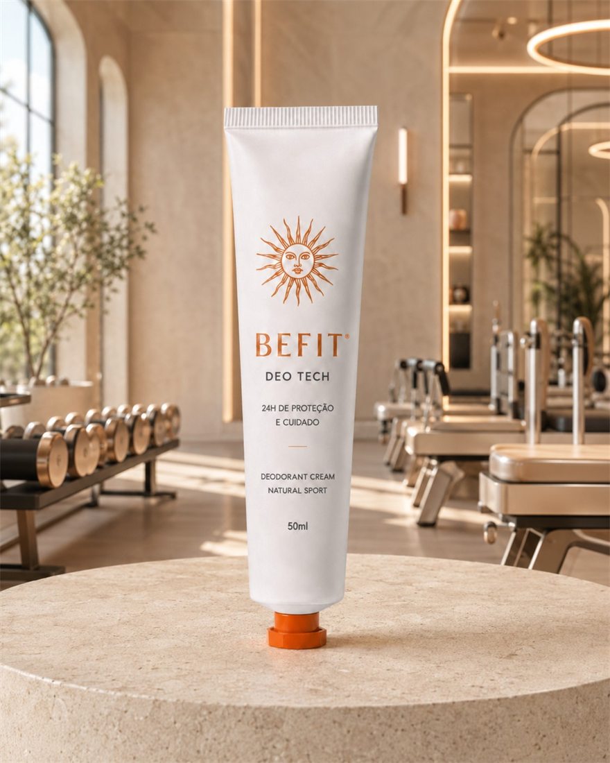 BEFIT DEO TECH — creme corporal natural em bisnaga de alumínio, sobre pedestal de pedra em estúdio premium